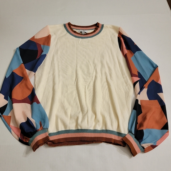Fate Tops - Fate Contrast Sleeve Women's Sweater Cream Knit with Multicolor Balloon Sleeve